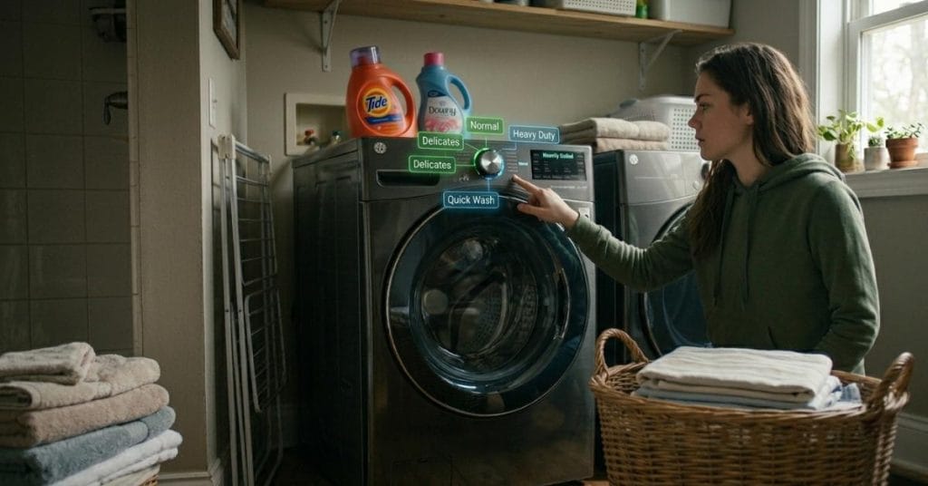 GE washing machine cycle explained with user selecting normal heavy duty and delicate wash settings