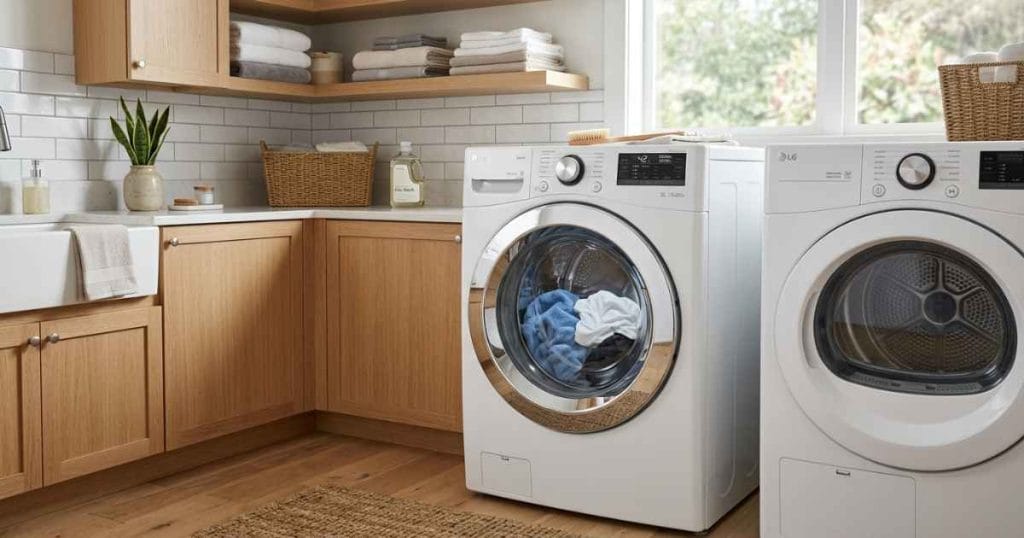 LG Inverter Direct Drive washing machine in a modern laundry room